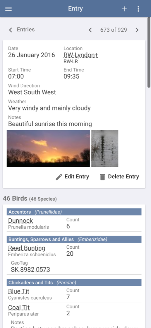 A Bird Journal entry on iPhone